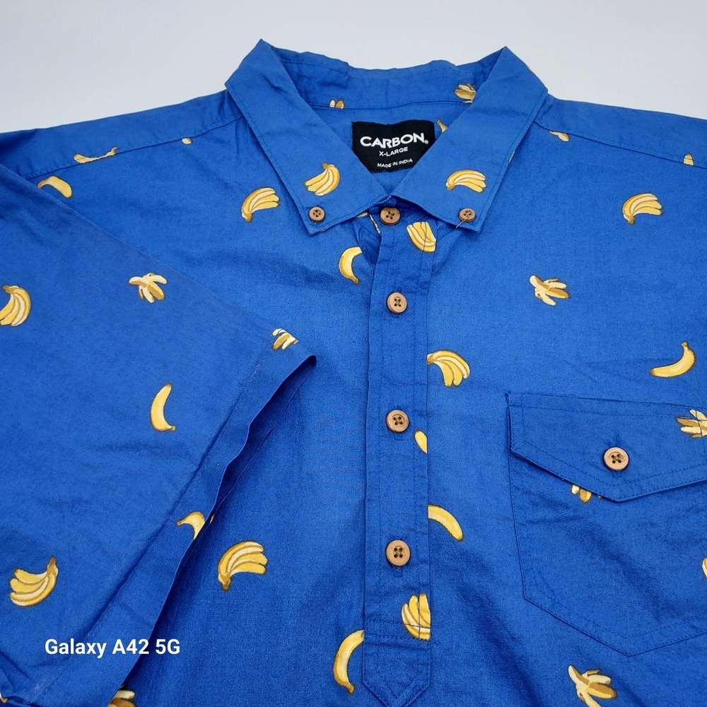 Carbon Mens XL Blue Banana Print Short Sleeve Cotton Popover Shirt RN 70829